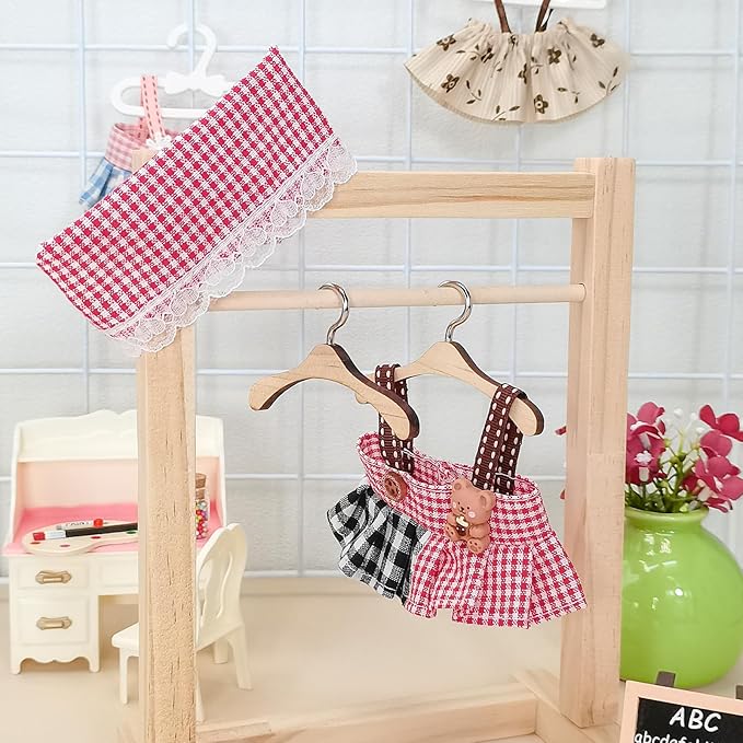 17cm Doll Clothes Set, Compatible with Labubu, Floral Dress with Lace Trim, Headband & Bear Charm Accessory (NO Doll) (Red Gingham)