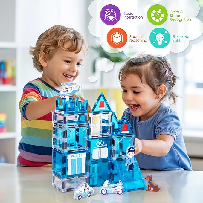 cossy Magnetic Tiles Police Set, Magnet Tiles with Policeman, Magnetic Tiles for Kids Ages 4-8, STEM Toys, Magnet Blocks for Boys and Girls, Creative Building Toys, Police