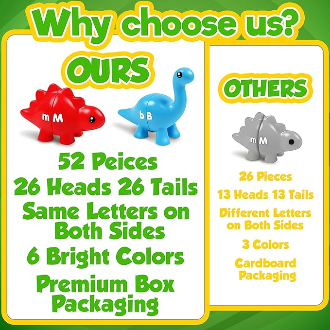 Bambibo Dinosaur Alphabet Learning Toys - 52pc in Storage Box | 26 Double Sided Dino Matching Toys | Preschool Dinosaur Letter Matching Toy for Toddlers 3-5