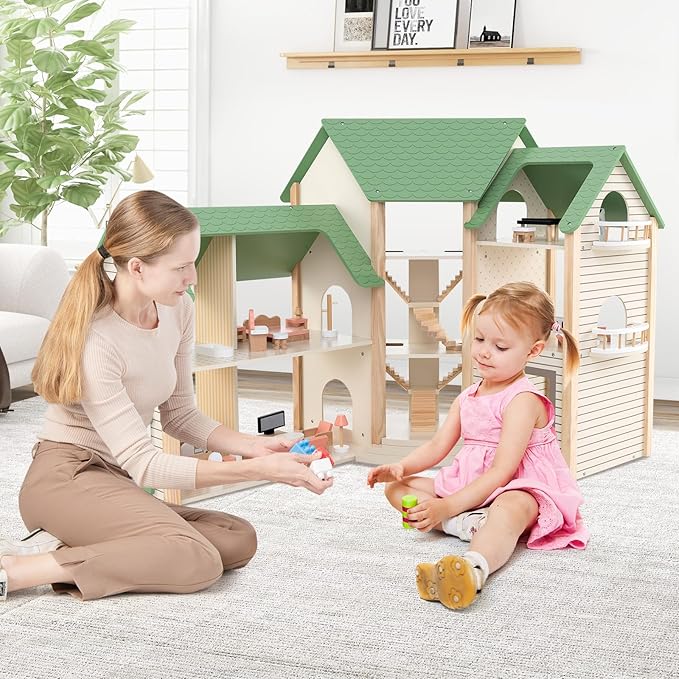 Costzon Wooden Dollhouse for Kids, 3-Story Luxury Doll House with 36 Pieces Furniture Accessories, 7 Rooms, Stairs & Balcony, DIY Pretend Dollhouse Playset, Gift for Girls Toddlers Ages 3+ (Green)