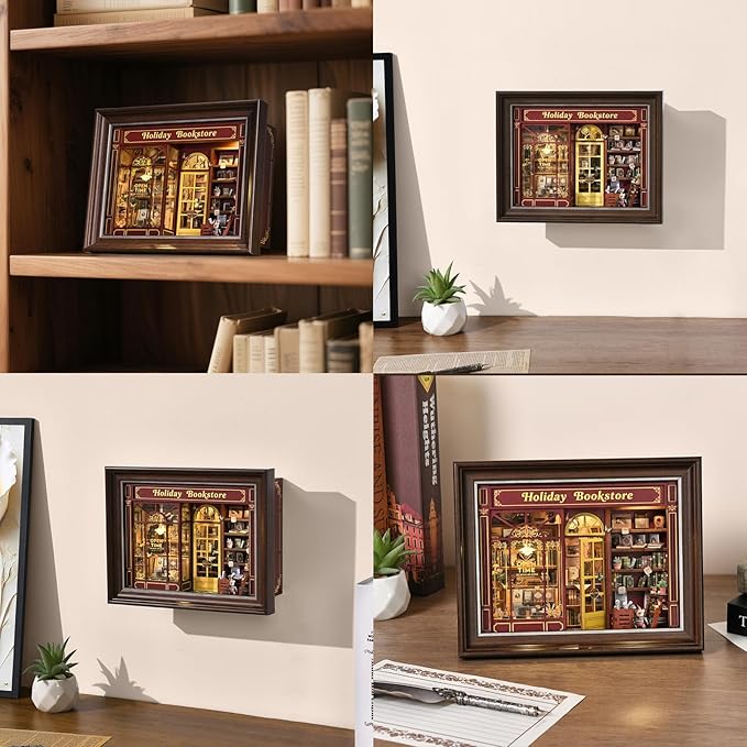 Book Nook Kit-3D Wooden Puzzle with LED Switch Control & Wall-Mountable Frame,DIY Miniature House for Beginners,Bookshelf/Tabletop/Wall Decor for Craft Lovers,Dollhouse Gift,Holiday Bookstore