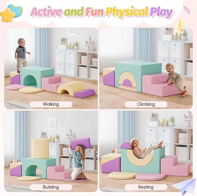 MU ‌Soft Climbing Toys for Toddlers, 7-Piece Baby Soft Foam Climbing Blocks, PU Leather Gym Climb and Crawl Activity Play Set, Indoor Climbing Toys for Kids and Children, Pink