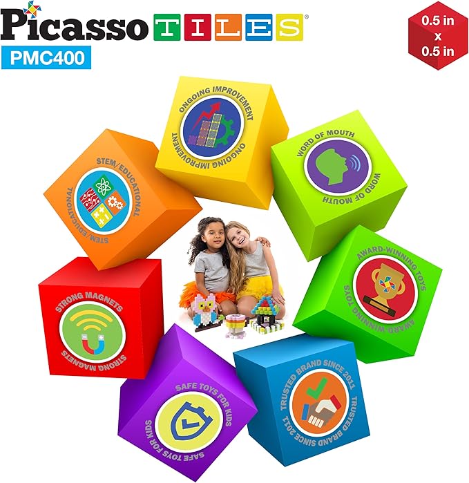 Picasso Cubes 0.5” Pixel Magnetic Puzzle Cube 400 Piece Mix & Match Sensory Toys STEAM Education Learning Building Block Magnets Children Construction Toy Set Stacking Magnet Creative Kit PMC400
