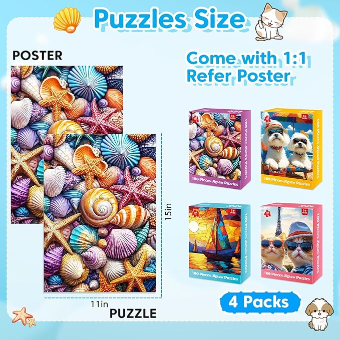 4-Pack 100 Piece Puzzles for Kids Ages 4-6 6-8 8-10, Shells Sailboat Cats & Dogs Jigsaw Puzzles, Fun & Engaging Kids Puzzle, for Boys and Girls Puzzle Toys as Home Decor