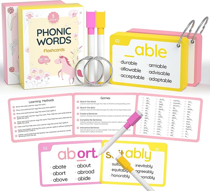 WJPC 232 Set Phonics Suffix Prefix Words Flash Cards,Sigh Words Flash Cards, for 7,8,9,10,11,12 Years 2nd, 3rd, 4th, 5th Grade Boys&Girls&Kids Learning Writing Reading