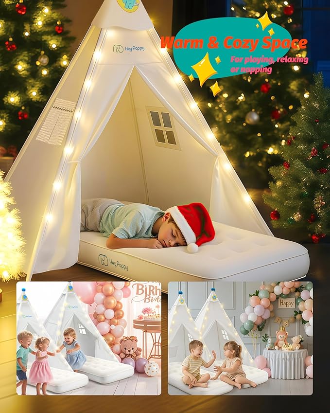 3 Pack Teepee Tent for Kids with Inflatable Airbed, Light, Toddler Tent Children Room Tents, Slumber Party Sleepover Tents, Indoor Outdoor Kids Playtent Playhouse for Girls & Boys
