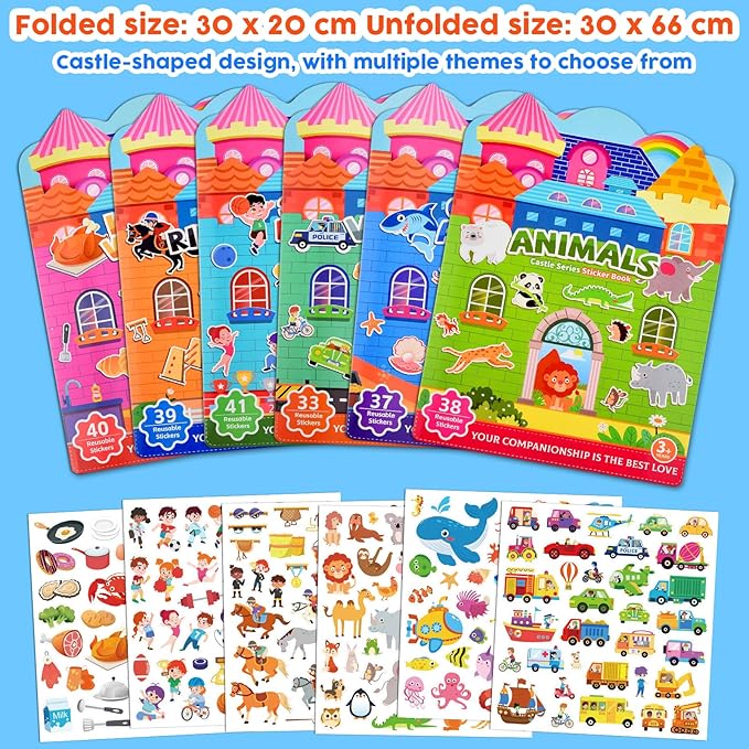 ASTARON 6 Pack Reusable Sticker Book for Toddlers, 3D Sticker Educational Game Sensory Learning Toy, Travel Activity Book Set for Toddlers 3-4 Years