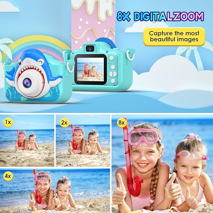 Shark Camera for Kids with Cartoon Silicone Cover, Digital Mini Camera Toys for 3 4 5 6 7 8 9 10 11 12 Year Old Boys Girls Birthday Chirstmas Gifts Ideas - Personal Video Players (Shark Blue)