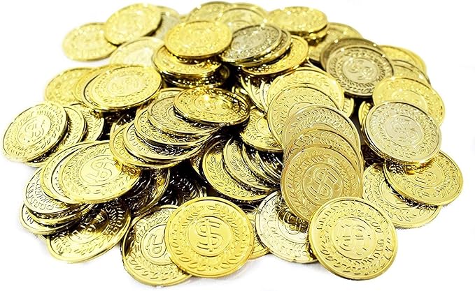 TCOTBE Pirate Gold Coins Plastic Set of 100,Play Gold Treasure Coins for Play Favor Party Supplies, Pirate Party, Treasure Hunt Game and Party Favors