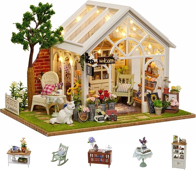 Flever DIY Miniature House Kit, Tiny Home Kit with LED Light, Mini House Build Craft Kits for Adults and Teens, Home Decor Creative Gift for Family/Friends (Sunshine Greenhouse)
