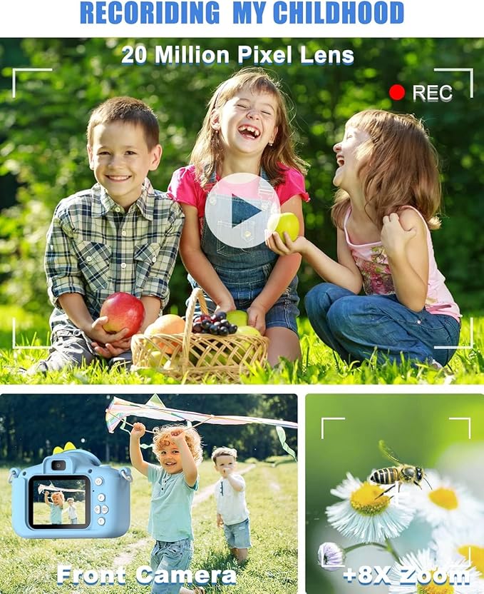 Dinosaur Kids Camera Toys, Birthday Graduation Gifts for Girls Boys 3-12, 1080P HD Selfie Digital Video Camera for Toddlers,Travel Gifts Dino Toys for 4 5 6 7 8 9 Years Old (Blue)