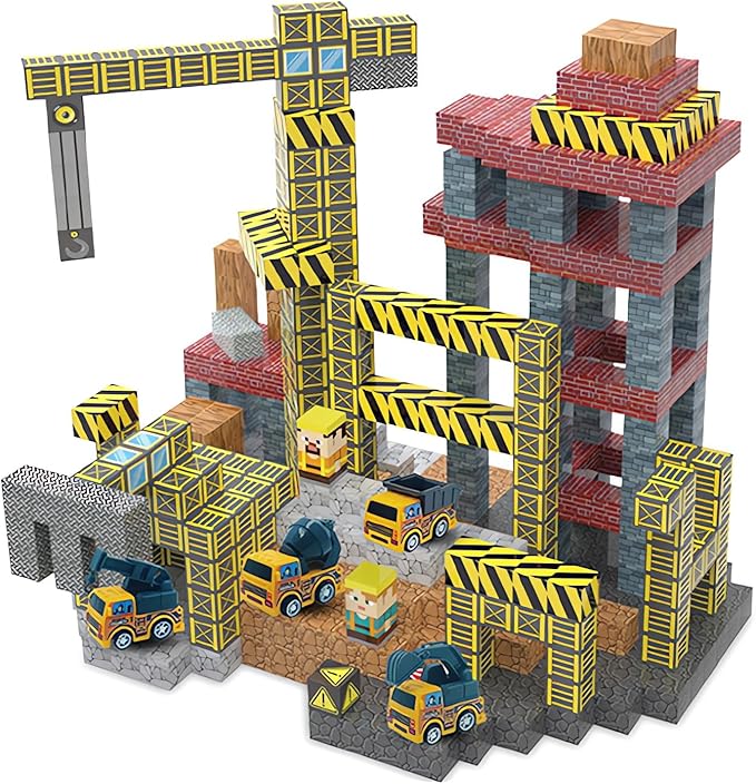 Magnetic Construction Building Blocks Set, 136PCS Tile with 4 Toy Trucks, Education STEM Consrtuction Site Theme Toy for Age 3-5, 6 7 8 9 10 (Construction Set)