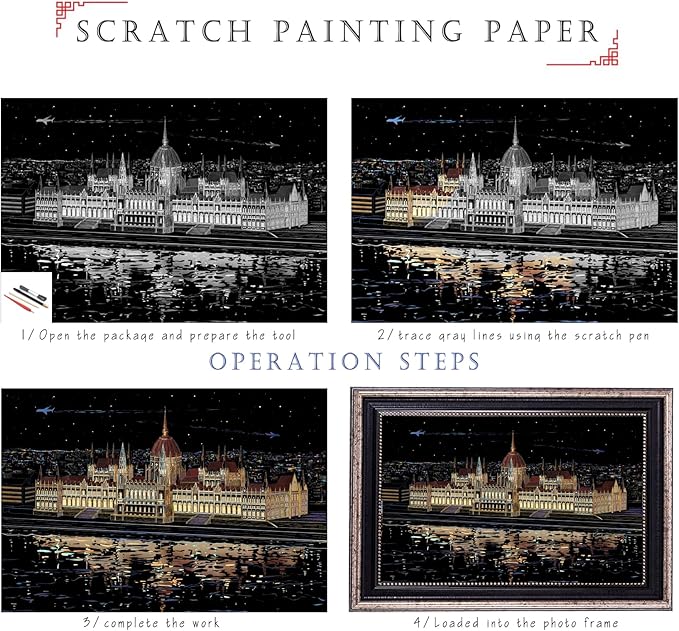 Scratch Rainbow Painting Art Paper,Scratch Art Crafts Set for Adults&Kids,Scratch Painting DIY Creative Gift with 4 Tools,16''x11''(Neuschwanstein Castle&Budapest)