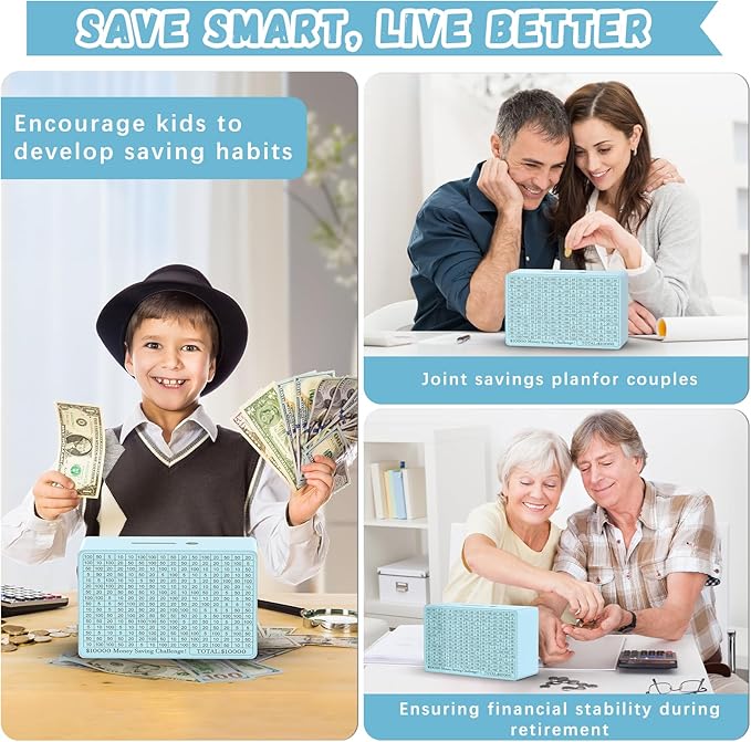 Wooden Money Saving Box, Cash Vault Savings Box for $10000 $5000 $3000 $1000 $800 $500 Target Money Saving Challenge, Reusable Money Box with Counter, Dry Erase Pen/Savings Trackers/Rubber Band-Blue