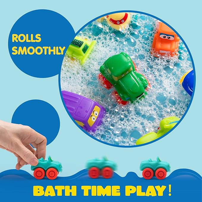 JOYIN Cartoon Cars, Soft Rubber Toy Car Set, Mini Vehicles, Bath Toy Car for Toddlers, Gift for Boys and Girls Easter Basket Stuffers, Summer Beach and Pool Activity, Party Favors for Kids