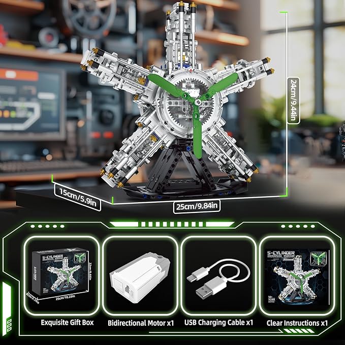 5-Cylinder Radial Engine Building Set, Build Your Own Mini Military Plane Engine Model Kit That Runs, Compatible with Lego WW2, STEM Toy Gifts for Adults & Kids Boys 8-14 (863 PCS)