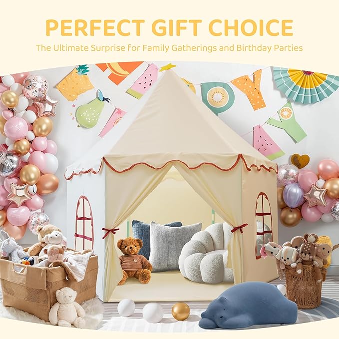 Large Girls Play Tent Princess, Boys Castle Kids Playhouse Indoor Outdoor Toddler Teepee | American Style Design, Age 3-8| Detailed Instructions| Colorful Package| Christmas Birthday Gift Beige