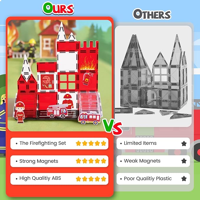 cossy Magnetic Tiles Firefighter Set, Magnet Tiles with Firefighter, Magnetic Tiles for Kids Ages 4-8, STEM Toys, Magnet Blocks for Boys and Girls, Creative Building Toys, Firefighter