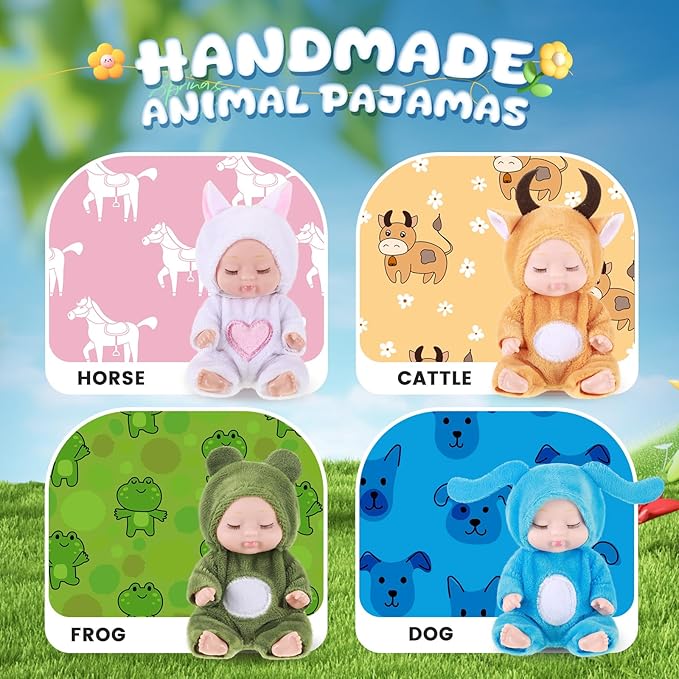 Hanaive 4 Pcs 4 Inch Mini Baby Dolls Lifelike Realistic Baby Dolls Animal Clothes Cute Tiny Gifts for Kids Birthday Party(Cuddly Style)