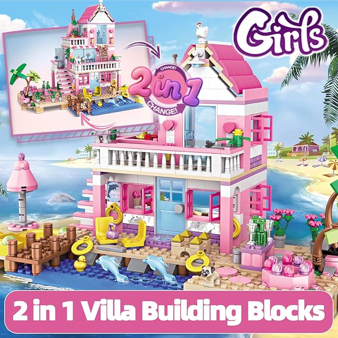Pink Seaside Beach Villa Friends Building Set Friends Construction Educational Toy 822 Pieces Gifts for Girls Teens Kids Adults Ages 6+