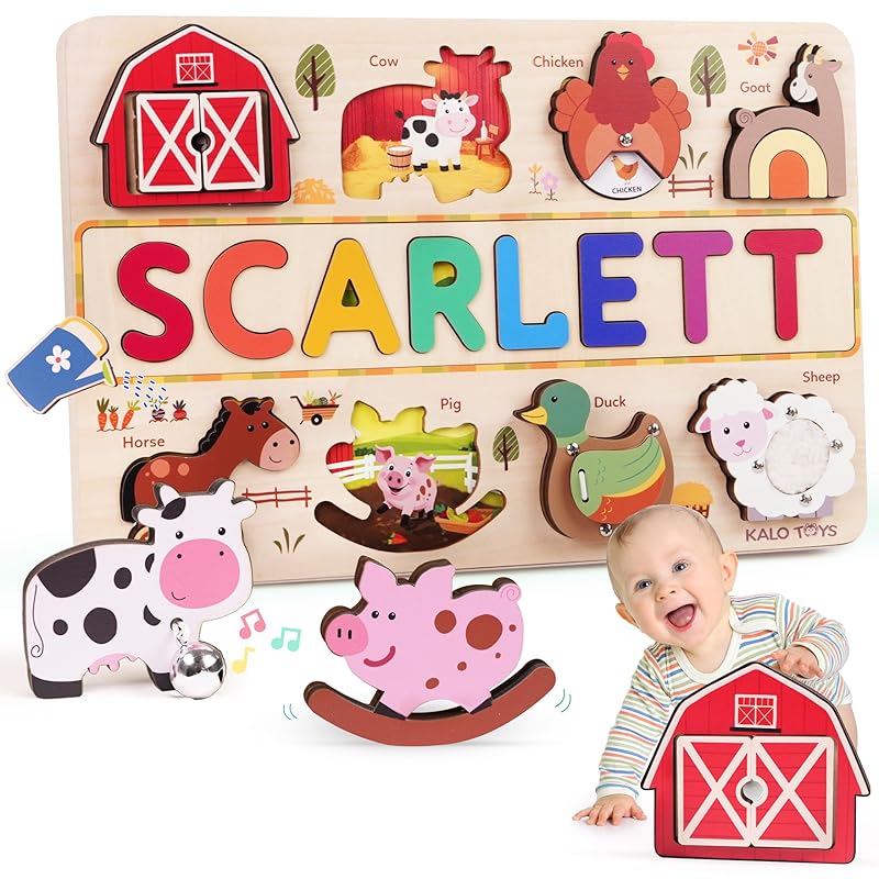 Personalized Wooden Name Puzzle for Toddlers 1-3 - Montessori Farm Animal Sensory Toy, Custom Educational Learning Toys for Toddlers to Boosts Fine Motor Skills, Perfect Birthday Gift
