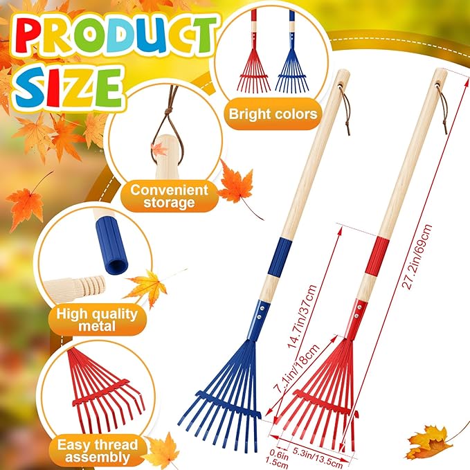 Suclain 2 Pcs Kids Rake with Hardwood Handle Small Child Size Multicolor 28'' Mini Rake for Leaves Lightweight for Children Garden Leaf Yard Tools Gifts