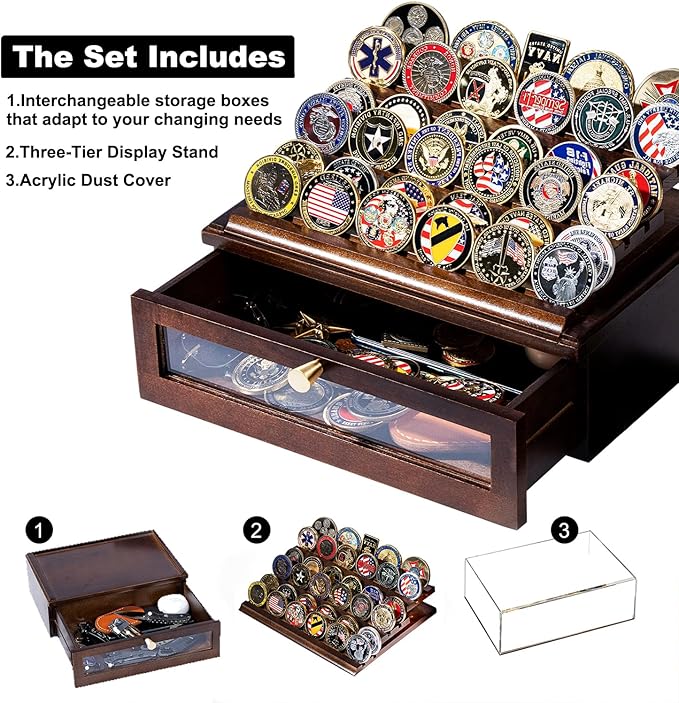Premium Challenge Coin Display Case for 100 Coins - 360° View & Interchangeable Panels - Military, Police, Fire Fighter Gift for Retirement, Promotion