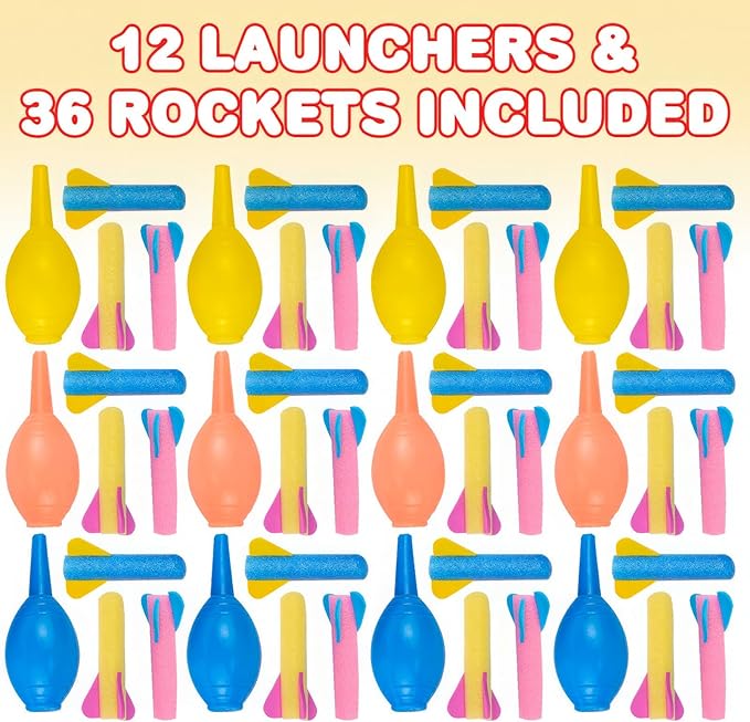 ArtCreativity Foam Rocket Launchers, 36 Rockets and 12 Squeeze Launchers, Assorted Colors, High Flying, Fun Summer Outdoor, Birthday, Great Goodie Bag Filler, Party Favors Prizes, Easter Toys for Kids