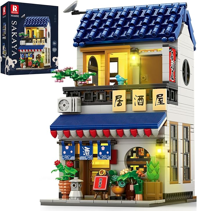 Reobrix Japanese Izakaya Shop Building Blocks 66502, 2 in 1 Creative Street View House Building Kit with Lighting Set, Japanese Architecture Home Office Decor, Ideal Gifts for Boys Girls Adults 14+