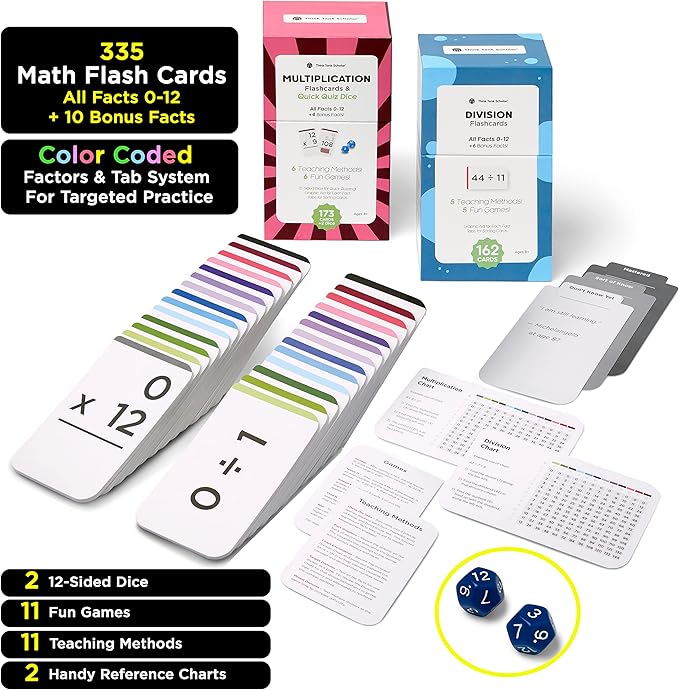 Think Tank Scholar 335 Multiplication & Division Flash Cards (Award Winning) 1 Fact Per Card with Visual Aids – All Facts 0–12 + Dice, Games & Charts – Grades 2–6, Homeschool & Classroom Learning
