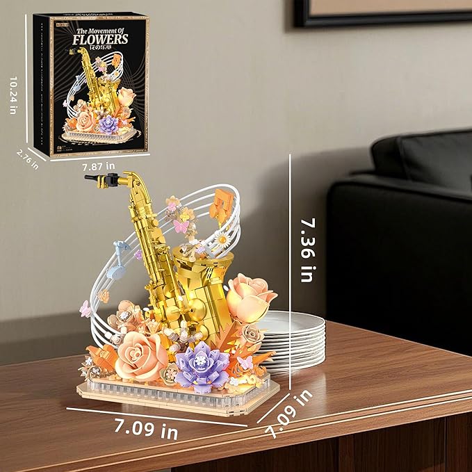 Mini Building Blocks Sets Flower Saxophone - 1000+PCS Musical Instrument Micro Building Bricks Kit Toy - Creative Ideals, Collectible Architecture Decoration, Gift for Adults(Saxophone Flower)
