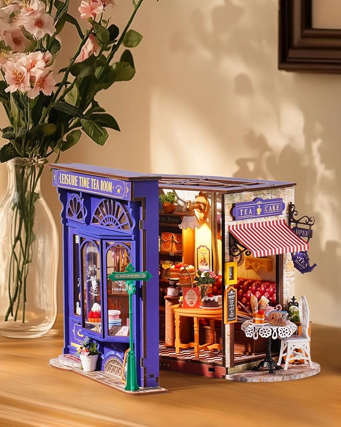 ROBOTIME DIY Miniature House Kit, Bakery Diorama House, Tiny House Kit for Adults, Mini Dollhouse Kit with Furniture Birthday Christmas Craft Hobbies Gift for Family/Friends (Leisure Time Tea Room)