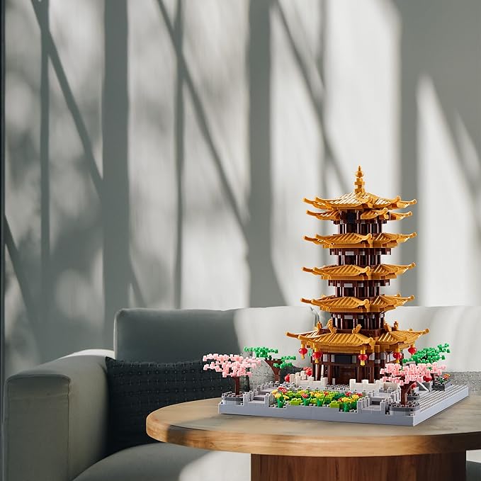 Chinese Ancient Famous Architecture Micro Building Blocks Set for Adults Yellow Crane Tower with Sakura Tree Cherry Plants, Toys for Kids Age of 14+ 2200 pcs