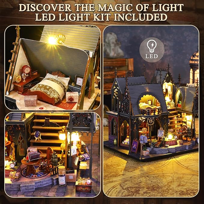 DIY Miniature House Kit, Tiny for Adults to Build, 3D Wooden Puzzles Dollhouse Bookshelf Insert Decor Alley-Creativity Kit with LED Light for Family and Friends (Luna's Magic House)
