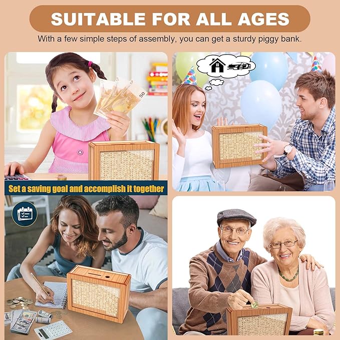 Piggy Bank for Adults Kids, Wooden Coin Bank for Boys and Girls, Cash Vault Money Saving Box with Counter $10000 Savings Challenge Money Box with Money Target and Numbers (2 Pack Brown $10000)