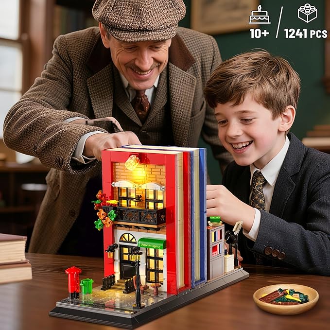 Detective Bookend Building Set with Lights, 1241 PCS Detective Agency Street House Building Block Kit for Home Decor Bookshelf, Collectible Mystery Bookstand Model for Adults Boys Girls Age 12+
