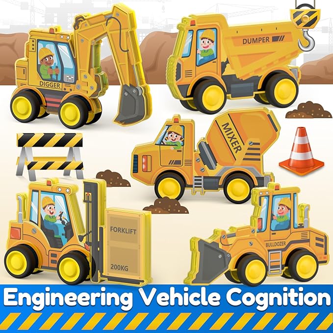 Oriate Rolling Construction Toys for Magnetic Tiles, 5pcs Construction Vehicle Toys Compatible with Magnet Tiles, Kids Trucks for Magnetic Building Blocks Magnetic Tiles, Educational Gift Boys Girls