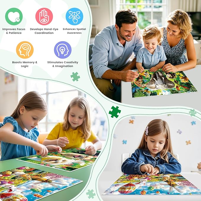 3-Pack 100 Piece Puzzles for Kids,Dogs Rabbits Animals Puzzle for Kids Age 4-6 6-8 8-10,Unique Large Piece Jigsaw Puzzle,Recycled Paper,Bright & Colorful Educational Puzzle,Great Gift for Boys Girls