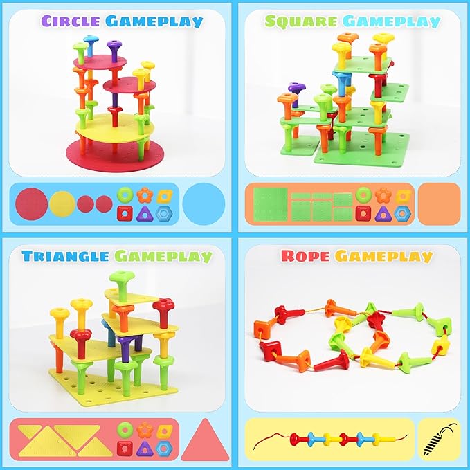 Ggiibro Peg Board Set STEM Toys for Toddlers Ages 3-6 | Montessori Sensory Stacking & Lacing Kit with Thick/Thin Foam Boards & Strings | Preschool Learning Toys for Fine Motor Skills Development