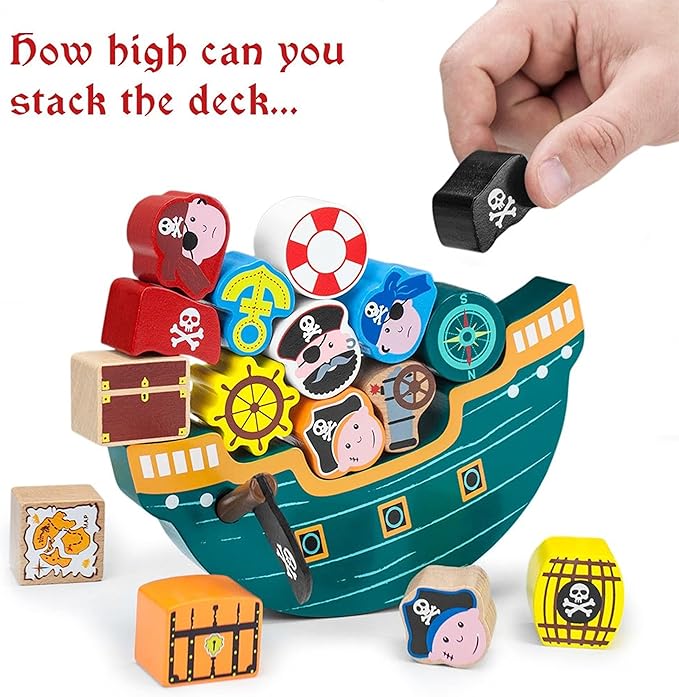 Imagination Generation Wooden Wonders Balancing Playset | Develops Dexterity, Motor Skills, Sharing Skills | Safe Wood & Paint | 18 PC Pirate Boat Playset