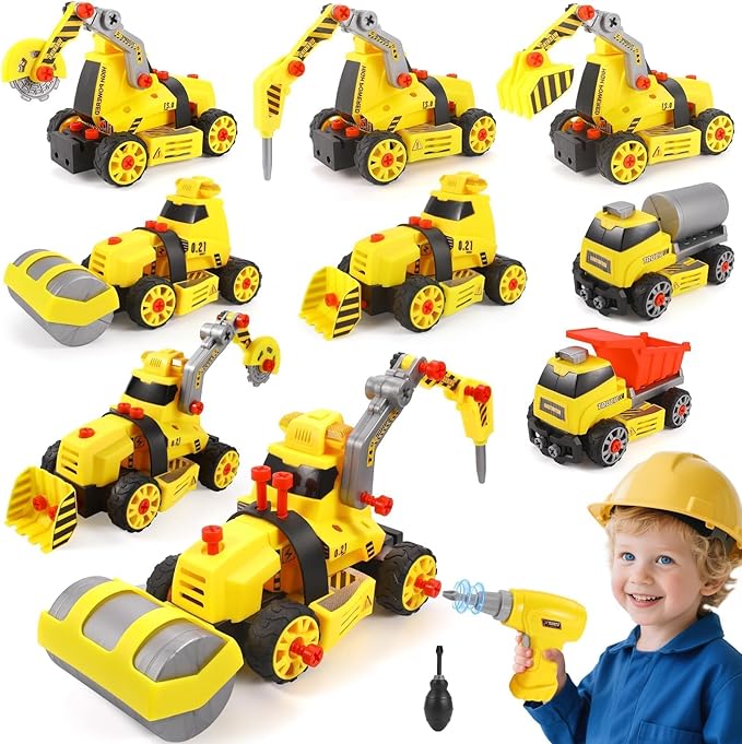 9 in 3 Take Apart Toys with Electric Drill Take Apart Truck Construction Set DIY Engineering Building Push Go STEM Toy Gift for Boys Ages 4-7 Years Old Gift