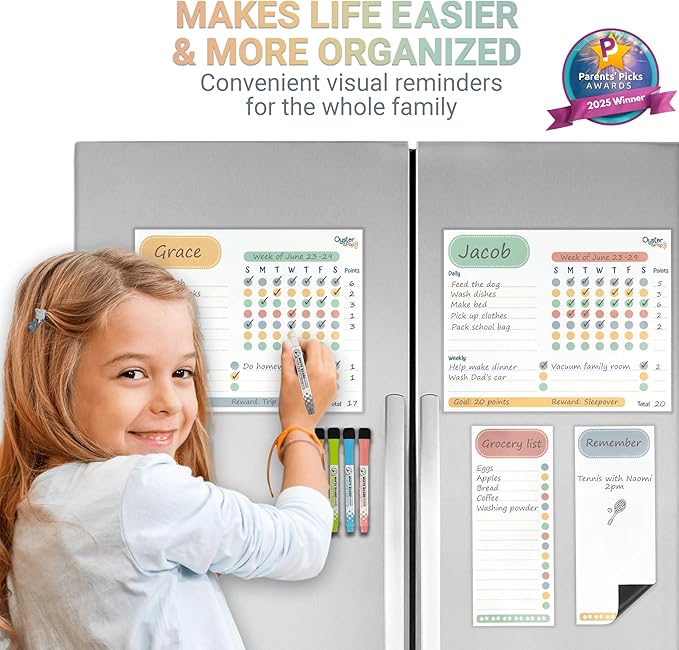 Magnetic Chore Chart Set for Multiple Kids & Adults - 4pcs Dry Erase Boards - Memo Sheet & To-Do List Whiteboard - Family Fridge Organizer - 5 Fine Tip Markers - Reward Good Behavior & Responsibility