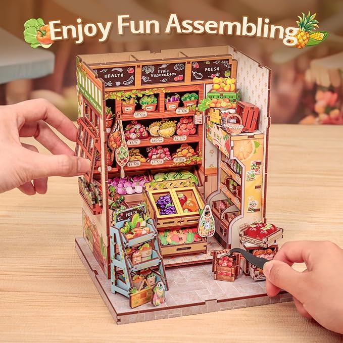 Cutefun Book Nook Kit - DIY Miniature Dollhouse Kit for Adults and Teens, Fruit & Vegetable Store Mini House Building Kit with LED Bookshelf Insert Decor Creative Gifts (The Greens’ Grocery)