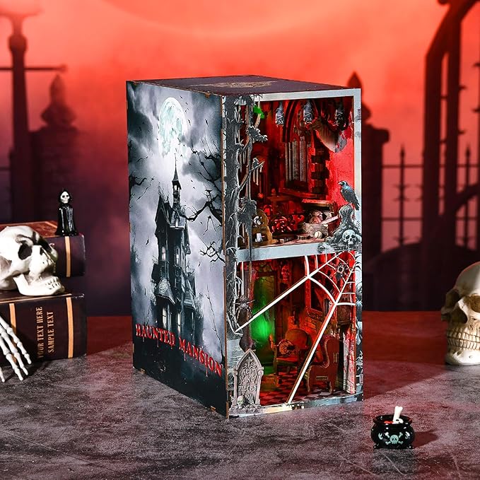 Haunted Horror Book Nook Kit, DIY Miniature Dollhouse Halloween Booknook Kit, Spooky Creepy Scary 3D Wooden Puzzle Bookend Bookshelf Insert Decor with LED Light (Haunted Mansion)