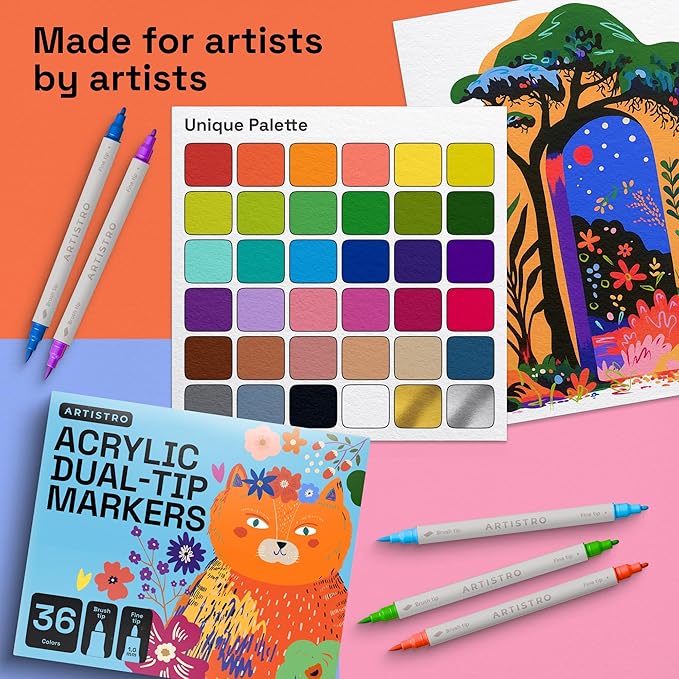 ARTISTRO 36 Dual Tip Brush + Fine Acrylic Paint Pens Ideal for Calligraphy - Paint Markers for Fabric, Rock, Glass, DIY - Stocking Stuffers, Christmas Gift Idea for Teens, Grandkids, Kids