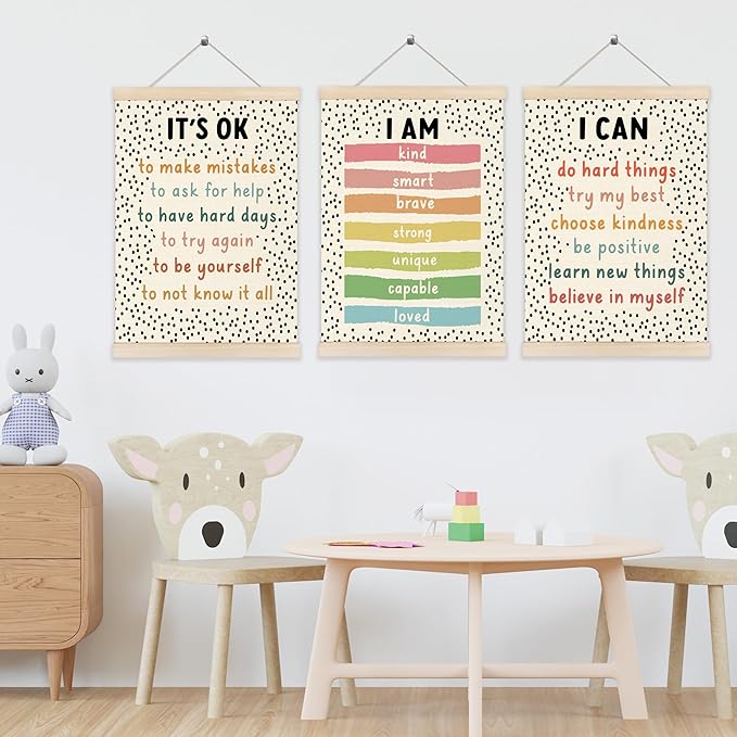 Koesus Inspirational Classroom Wall Art Poster Hanger Frame 12x16 Inch Set of 3, Motivational Canvas Pictures Prints Framed Wall Decor for Classroom Kids Room Playroom, Positive Affirmations for Kids