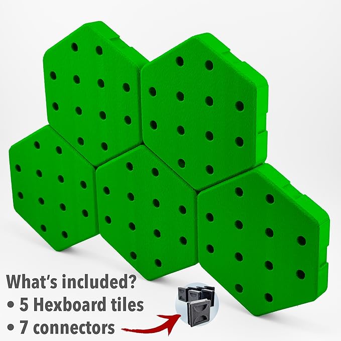 Hexagon Pegboard Tiles, 4.5"x4" each, 5-Pack, Normal-Sized Holes, Make Custom Designs, Easiest to Mount, Expand Existing Pegboard or Fill In Unused Space, Hexboard (Jungle Green, 4 Inch)