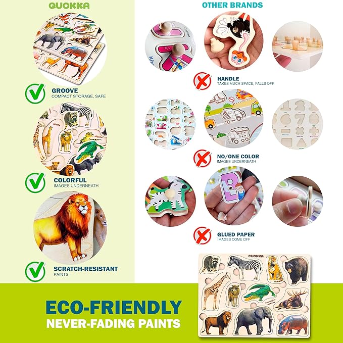 QUOKKA Wooden Puzzles for Toddlers 1-3 – 3xSET Toddler Puzzles Ages 2-4 – Montessori Animal Toy Puzzle for Toddlers 3-5 Year Old – Wood Toy Learning Realistic Animals for Boy and Girl