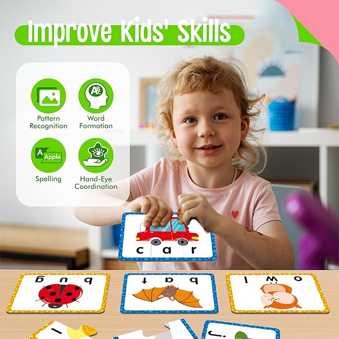 24 Set 3-Letter Word Puzzle Cards, 72 PCS Self Correcting Word Spelling Puzzles, Double Sided Puzzle Cards for Kindergarten Preschool Learning