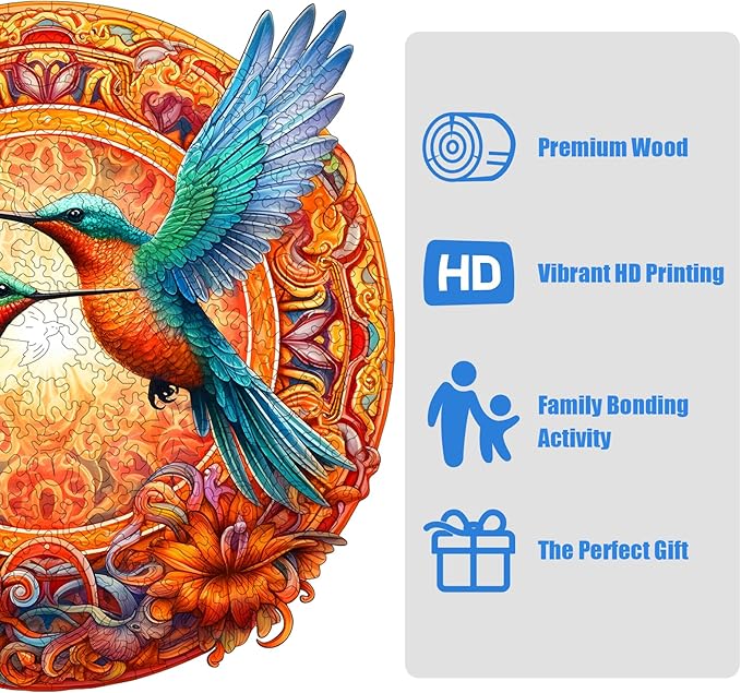 Wooden Jigsaw Puzzle 500 Pieces for Adults - Circular Hummingbird Art Puzzle with Vibrant Floral Background, Challenging Family Leisure Game, Unique Home Decor & Gift Idea